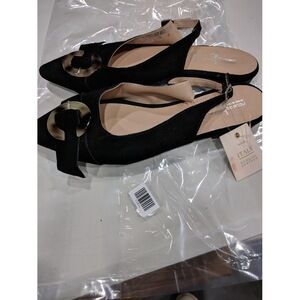 Riccardo Boccia black suede slingback flats with a tortoise-shell buckle